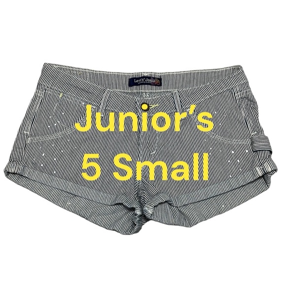 Junior’s Levi Levi’s 5 Small Shorts Jeans Rolled Stretch Stripes Navy Railroad - Picture 2 of 8
